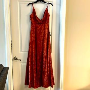 Lulu’s Rust Orange Satin Jacquard Surplice Floral Maxi Dress